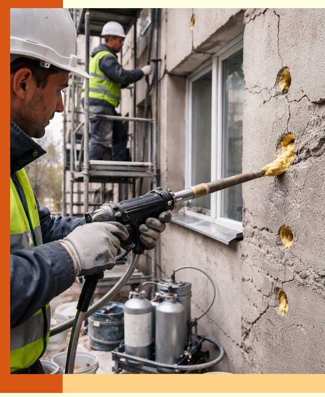 Заполнение пустот в фасаде и утепление стен в Кунгуре